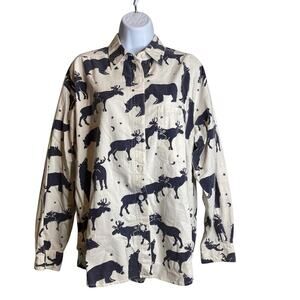 Vintage 90s Punch Women's Moose Bear Print Button Up Shirt Size M Wilderness